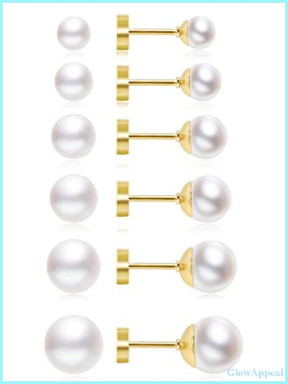 6 Pairs Flat Back Pearl Earrings, Hypoallergenic Studs 3-8mm, 14K Gold
